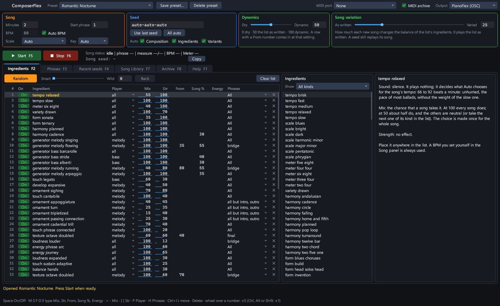 The ComposerFlex window: the Song, Seed, Dynamics and Song variation panels, Start and Stop, and the Ingredients tab with Romantic Nocturne's list