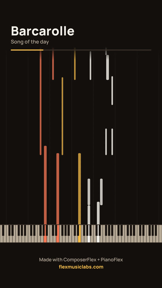 Barcarolle: notes falling onto a piano keyboard
